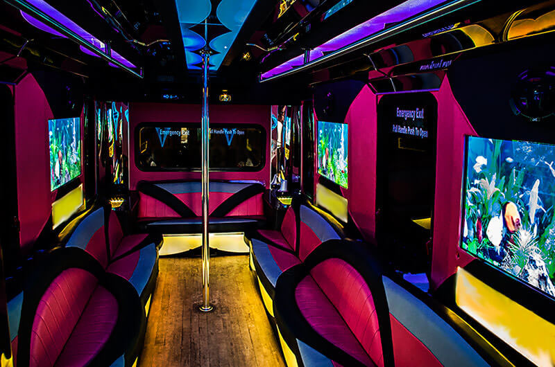 Limo bus interior with a dance pole